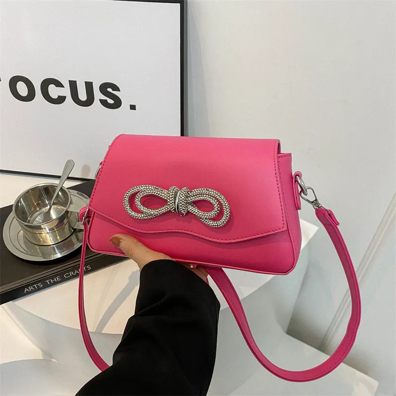 Women Fashion Rhinestone Bow Trim Flap Magnetic Buckle Square Crossbody Bag