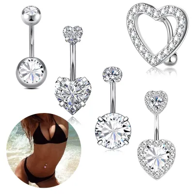 Women Fashion Pink Heart-Shaped Rhinestone Stainless Steel Belly Button Ring Body Piercing Jewelry Set