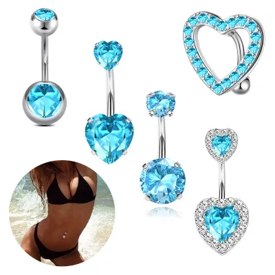 Women Fashion Pink Heart-Shaped Rhinestone Stainless Steel Belly Button Ring Body Piercing Jewelry Set