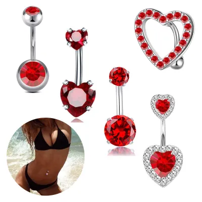 Women Fashion Pink Heart-Shaped Rhinestone Stainless Steel Belly Button Ring Body Piercing Jewelry Set
