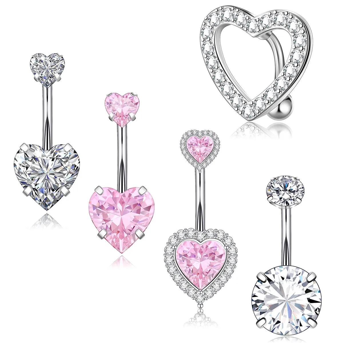 Women Fashion Pink Heart-Shaped Rhinestone Stainless Steel Belly Button Ring Body Piercing Jewelry Set