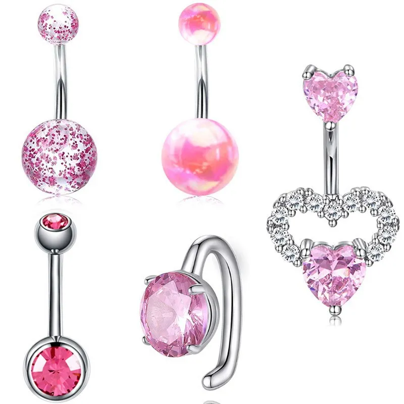 Women Fashion Sexy Double Pink Heart-Shaped Rhinestone Stainless Steel Belly Button Ring Body Piercing Jewelry Set