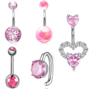 Women Fashion Sexy Double Pink Heart-Shaped Rhinestone Stainless Steel Belly Button Ring Body Piercing Jewelry Set