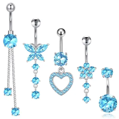 Women Stainless Steel Zircon Heart Butterfly Pendant Navel Ring Body Piercing Jewelry Set