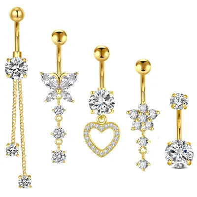 Women Stainless Steel Zircon Heart Butterfly Pendant Navel Ring Body Piercing Jewelry Set