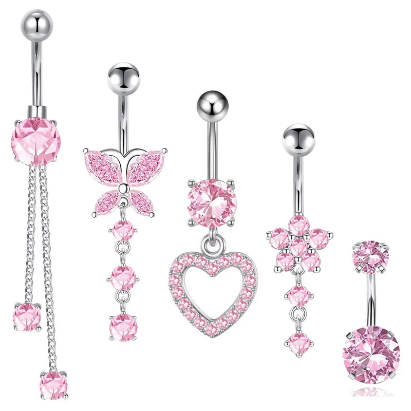 Women Stainless Steel Zircon Heart Butterfly Pendant Navel Ring Body Piercing Jewelry Set