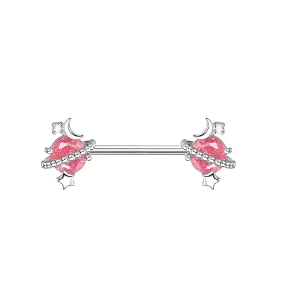 Women Fashion Pink Planet Heart-Shaped Straight Rod Nail Breast Body Piercing Jewelry