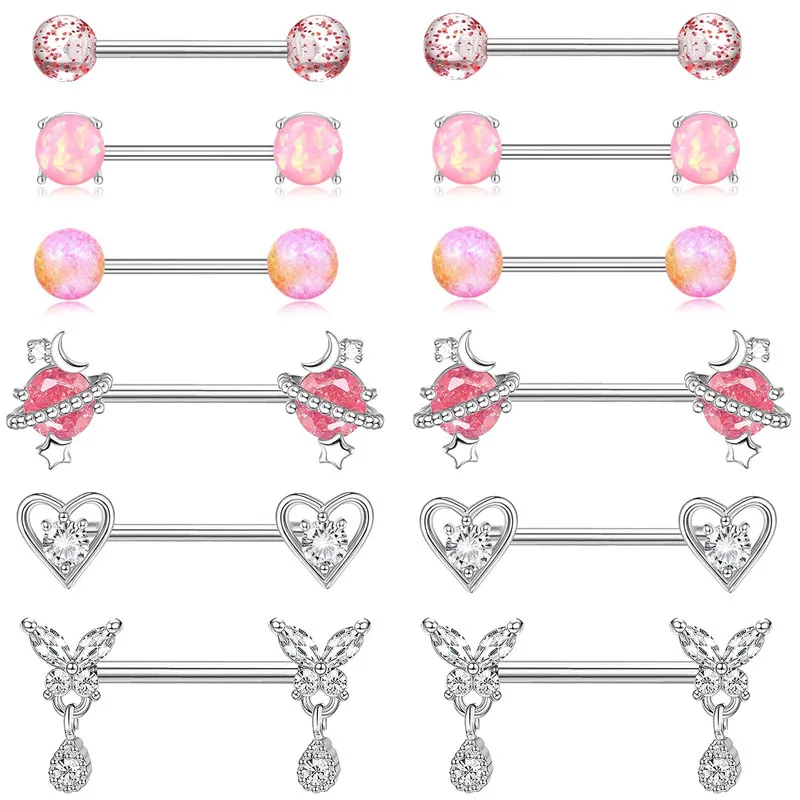 Women Fashion Pink Planet Heart-Shaped Straight Rod Nail Breast Body Piercing Jewelry