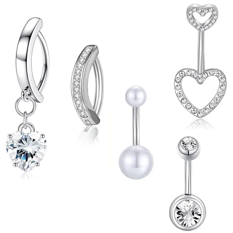 Women Fashionable Simple Stainless Steel Hollow Heart-Shaped Rhinestone Navel Nail Body Piercing Jewelry Set