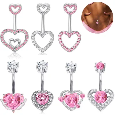 Women Fashion Pink Hollow Heart Navel Nail Body Piercing Jewelry