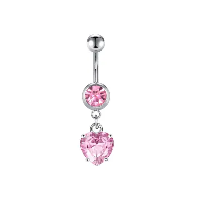 Women Fashion Stainless Steel Pink Rhinestone Butterfly Heart-Shaped Belly Nail Body Piercing Jewelry