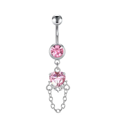 Women Fashion Stainless Steel Pink Rhinestone Butterfly Heart-Shaped Belly Nail Body Piercing Jewelry