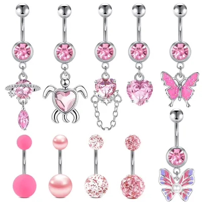 Women Fashion Stainless Steel Pink Rhinestone Butterfly Heart-Shaped Belly Nail Body Piercing Jewelry