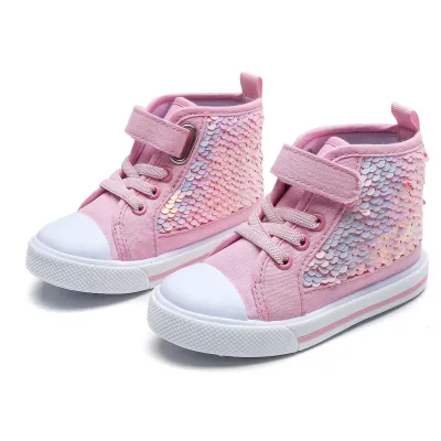 Children Fashion Sequined Girls Canvas Shoes Leisure Solid Color Cotton Lining