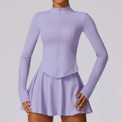 Women's Yoga Sportswear Set - Ice Silk Sunscreen Fabric Long Sleeve Top and Skirt with Zipper