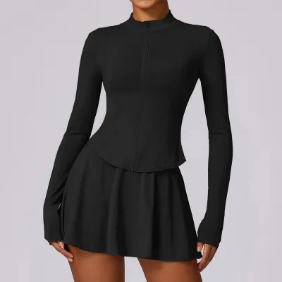 Women's Yoga Sportswear Set - Ice Silk Sunscreen Fabric Long Sleeve Top and Skirt with Zipper