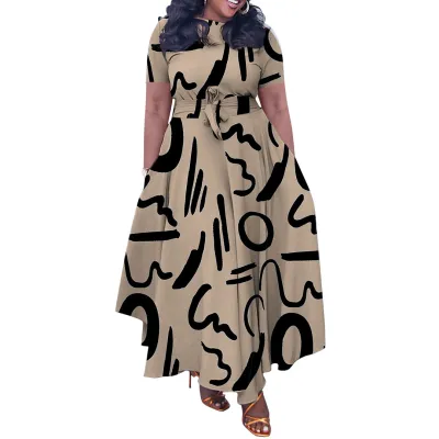 Women Plus Size Casual Graphic Printing Short Sleeve Lace-Up Dress