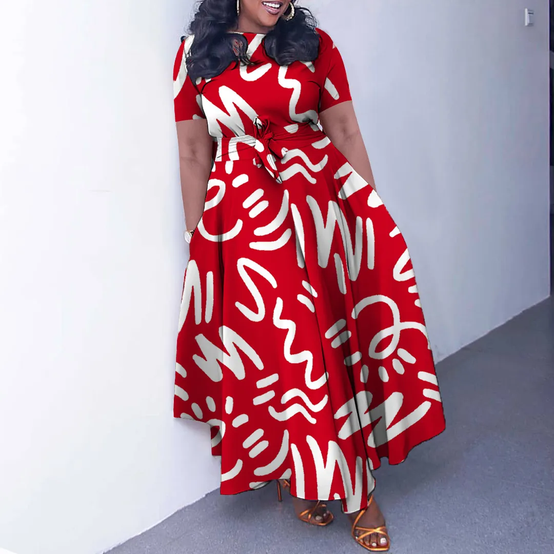 Women Plus Size Casual Graphic Printing Short Sleeve Lace-Up Dress