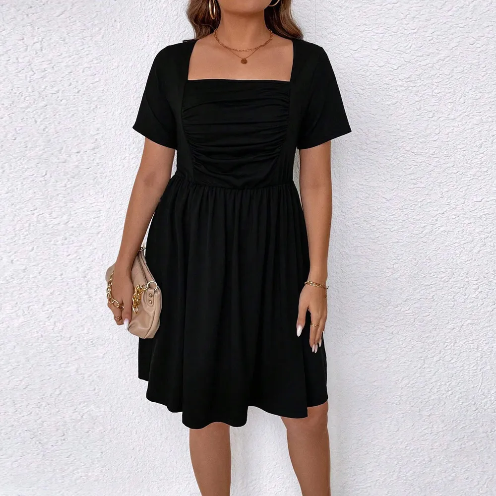 Women Plus Size Square Collar Defined Waist Dress Elegant Solid Color