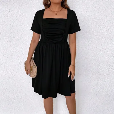 Women Plus Size Square Collar Defined Waist Dress Elegant Solid Color