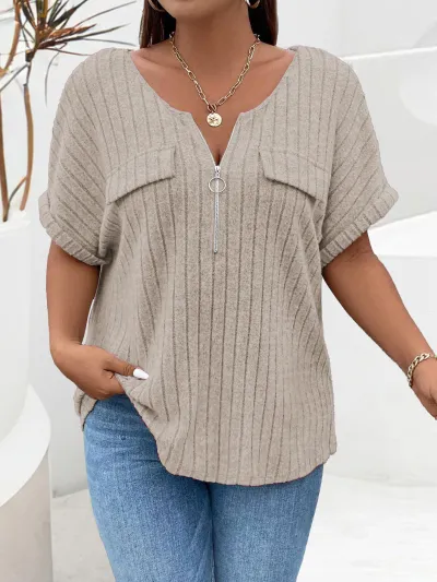 Summer Women Fashion Plus Size Zipper Short Sleeve Pit Strip Top