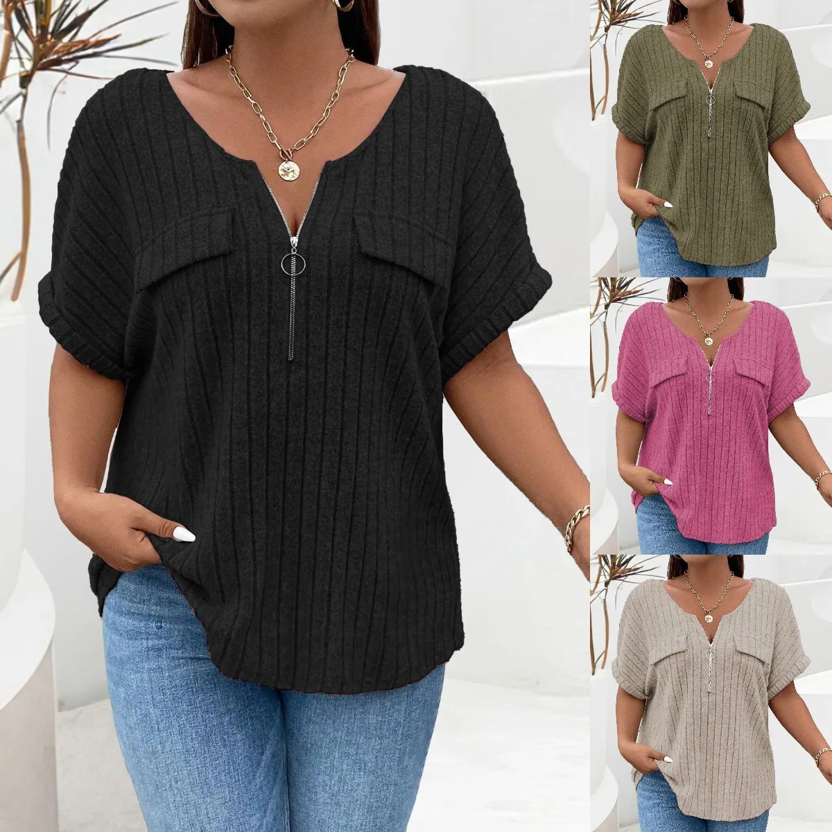 Summer Women Fashion Plus Size Zipper Short Sleeve Pit Strip Top