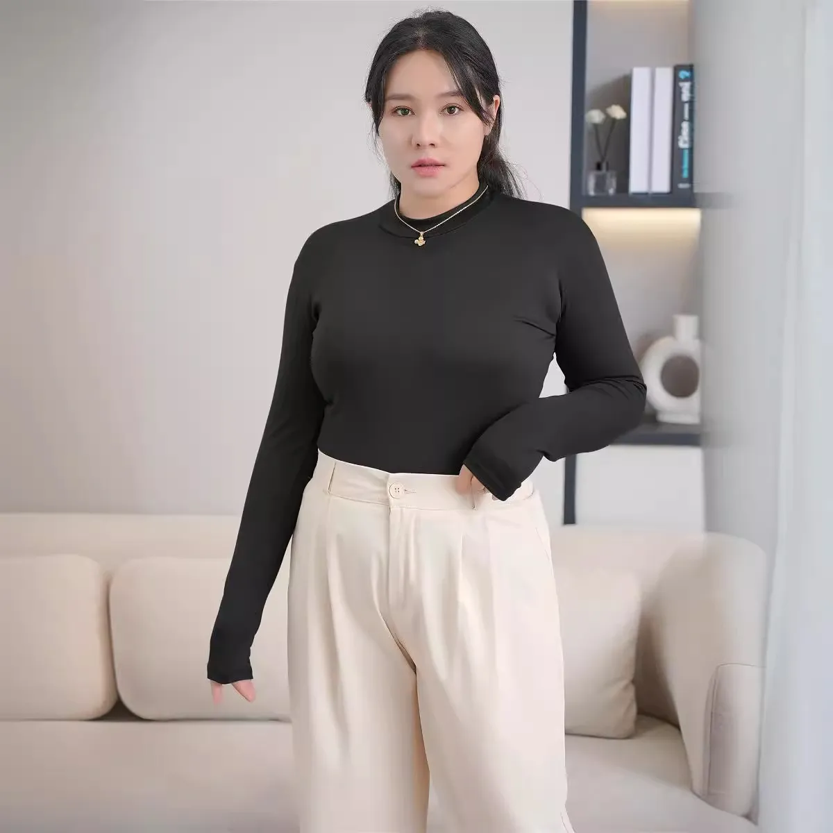 Women Casual Solid Color Round Neck Long Sleeve Plus Size Modal Top