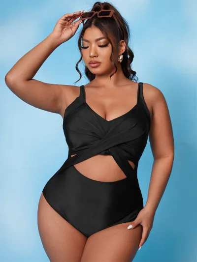 Women Plus Size Crossover Solid Color Polyester One-Piece Bright Swimsuit