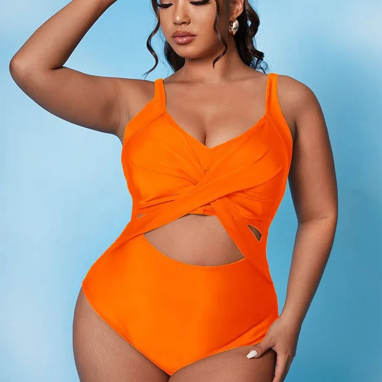 Women Plus Size Crossover Solid Color Polyester One-Piece Bright Swimsuit