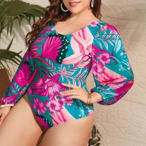 Women Plus Size Floral Printed Long Sleeve One-Piece Swimsuit