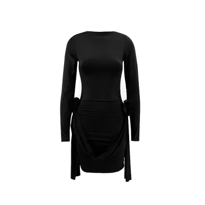 Women's Floral Decorated Sheath Dress with Round Neck and Long Sleeve