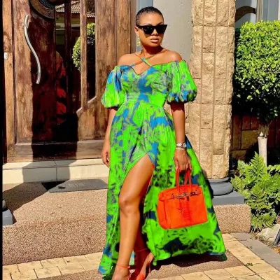 Summer Women Fashion Cross Strapless V-Neck Graphic Printed Split Dress