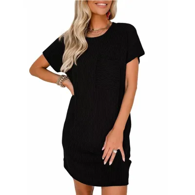 Summer Women Casual Stripe Bat Sleeve Round Neck Short Sleeve Pocket Dress