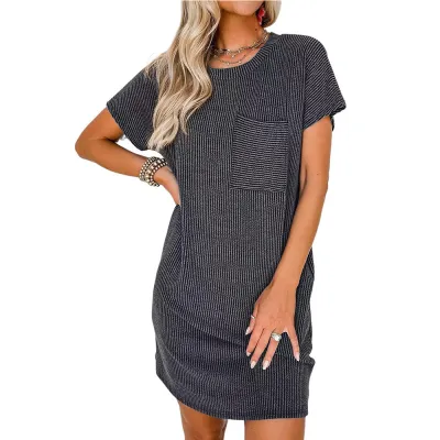 Summer Women Casual Stripe Bat Sleeve Round Neck Short Sleeve Pocket Dress