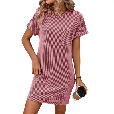 Summer Women Casual Stripe Bat Sleeve Round Neck Short Sleeve Pocket Dress
