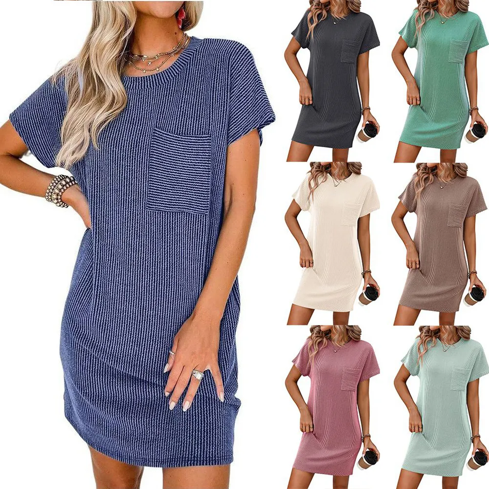 Summer Women Casual Stripe Bat Sleeve Round Neck Short Sleeve Pocket Dress