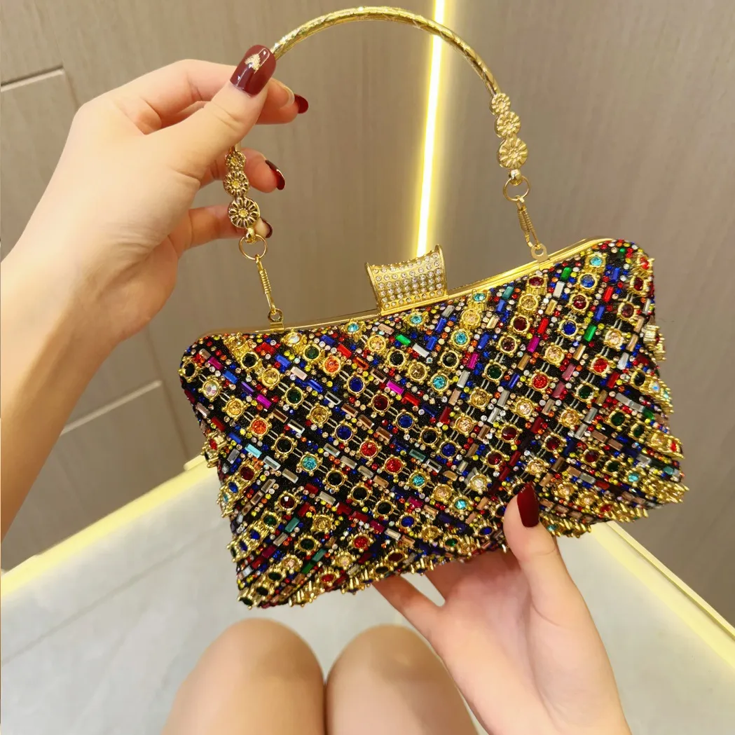 Women Fashion Multicolor Rhinestone Square Evening Bag Box Bag