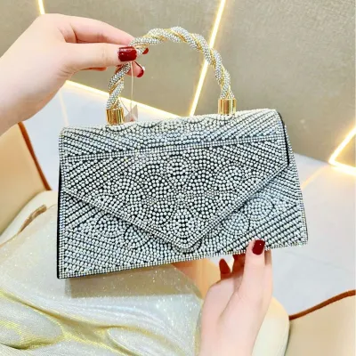 Women Vintage Square Rhinestone Flap Handle Evening Bag