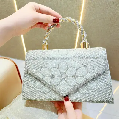 Women Vintage Square Rhinestone Flap Handle Evening Bag