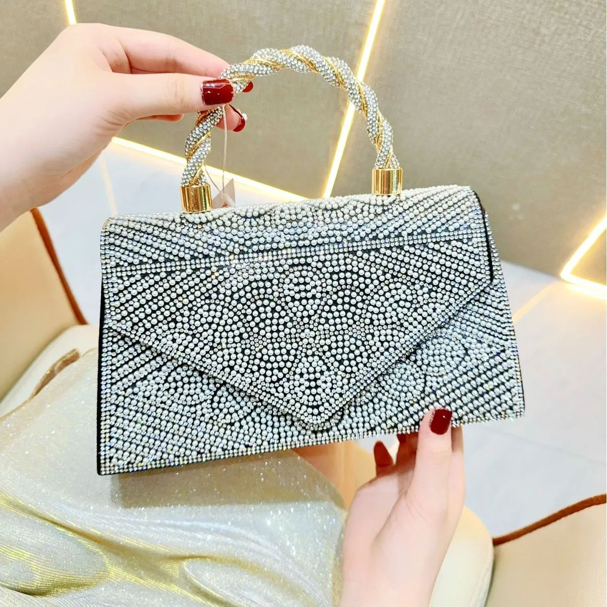 Women Vintage Square Rhinestone Flap Handle Evening Bag
