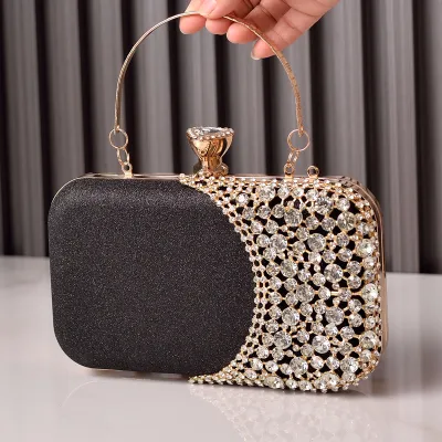Women Rhinestone Stitching Square Handle Evening Bag PU