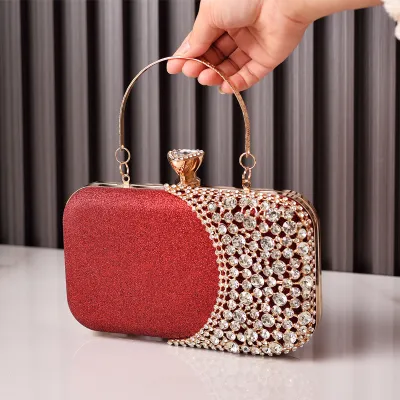 Women Rhinestone Stitching Square Handle Evening Bag PU