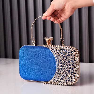 Women Rhinestone Stitching Square Handle Evening Bag PU