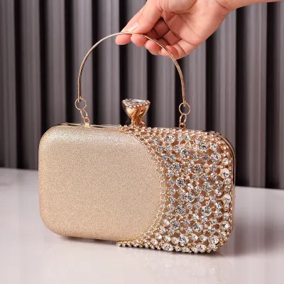 Women Rhinestone Stitching Square Handle Evening Bag PU