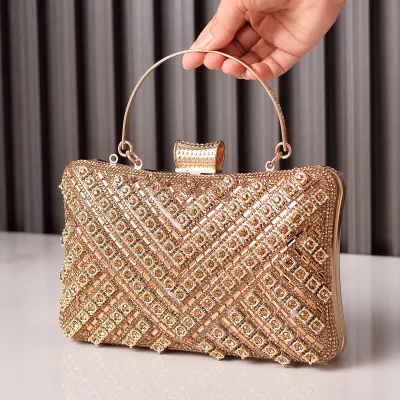 Women Fashion Multicolor Rhinestone Square Handle Evening Bag with 120cm Chain