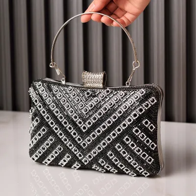 Women Fashion Multicolor Rhinestone Square Handle Evening Bag with 120cm Chain