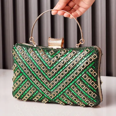 Women Fashion Multicolor Rhinestone Square Handle Evening Bag with 120cm Chain
