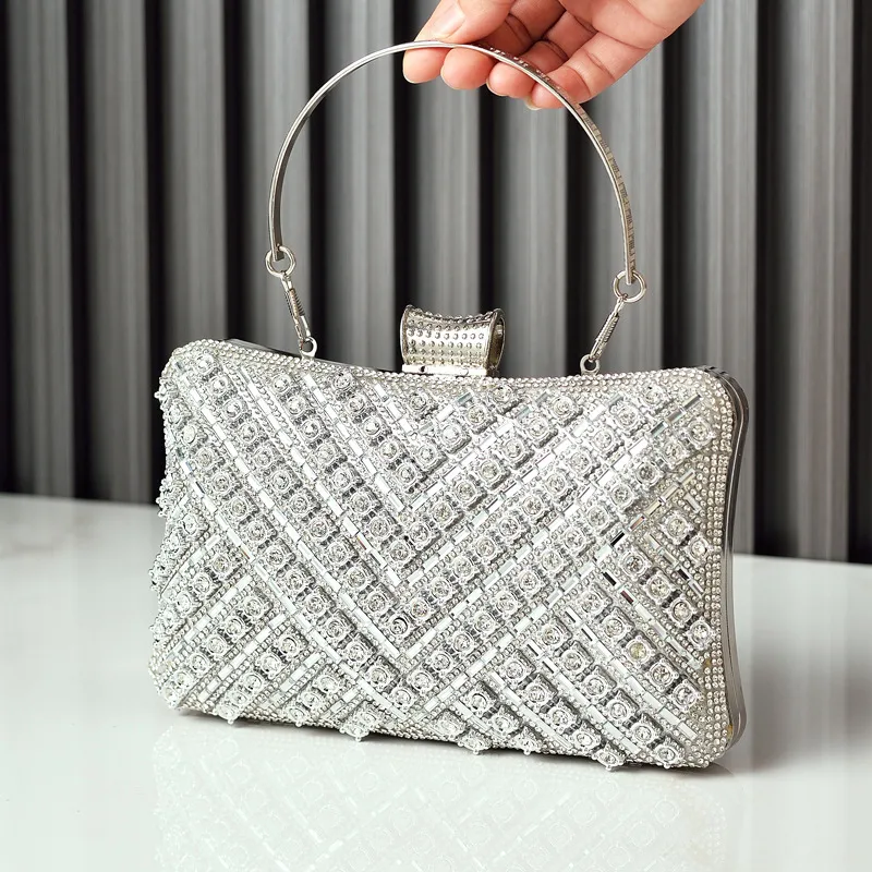 Women Fashion Multicolor Rhinestone Square Handle Evening Bag with 120cm Chain