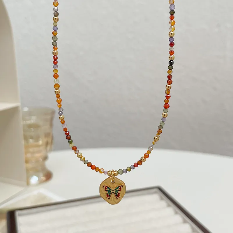 Women Minimalist Multicolor Zircon Beaded Butterfly Necklace
