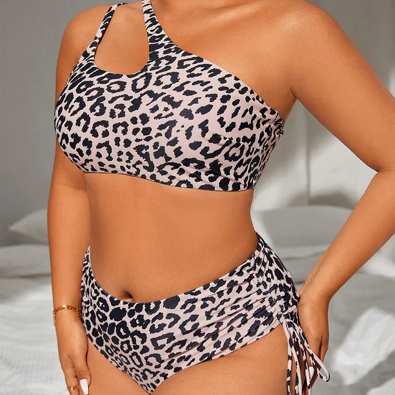 Women Plus Size Leopard Print Oblique Shoulder Drawstring Tankini Swimsuit Set